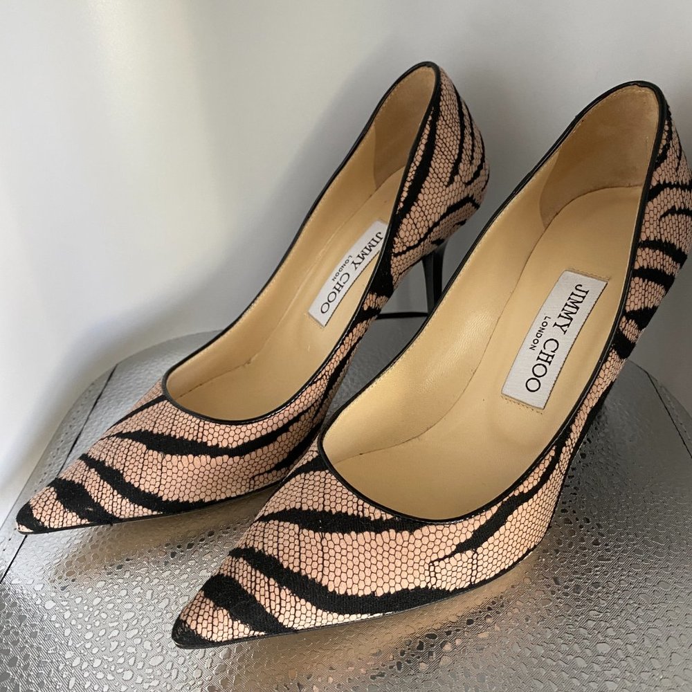 Jimmy Choo Agnes Light Pink Suede & Black Lace Covered Heels Size 36.5 - Picture 2 of 7